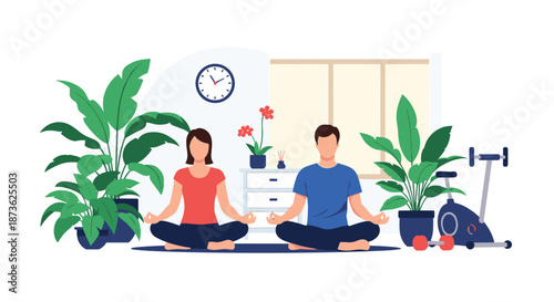 Couple practicing yoga and meditation together in a bright home gym filled with plants, a stationary bike, and dumbbells.