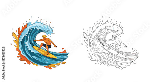 Dynamic illustration of a surfer riding a massive blue wave with a side by side comparison of the colored and line art versions.