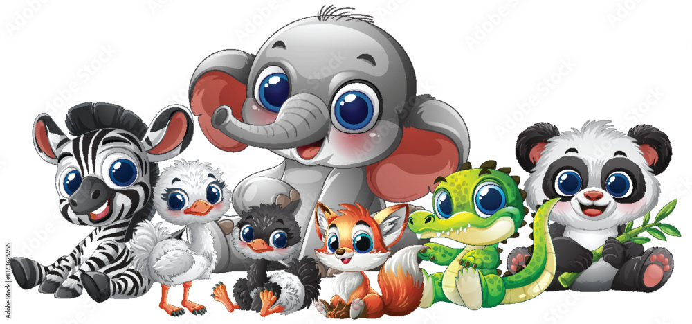 Fototapeta premium Cute Baby Animals Sitting Together in Cartoon Style