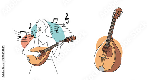 Elegant woman playing a mandolin surrounded by musical notes with a second detailed instrument illustration on a white background.