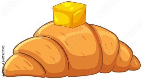 Golden Brown Flaky Croissant Topped with a Square of Yellow Butter