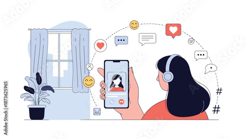 Woman wearing headphones and having a video call on her smartphone with floating social media icons for connection and engagement.