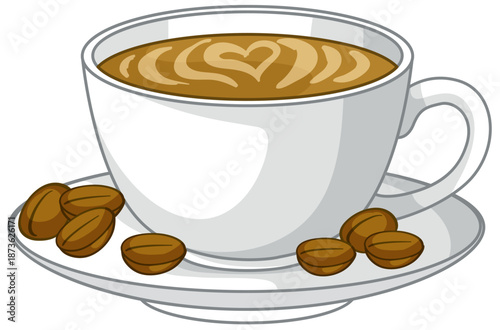 Hot Cup of Cappuccino with Latte Art and Coffee Beans