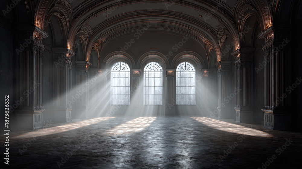 Obraz premium An interior shot showcasing an elegant hall with three arched windows, rays of sunlight streaming through
