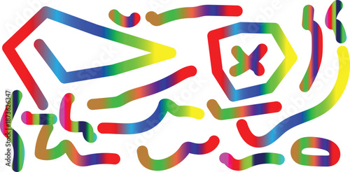 Vibrant multicolored abstract shapes and lines on white background