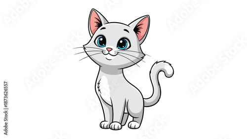 Adorable white kitten with large blue eyes and a playful expression stands against a clean white background in a cute pose.