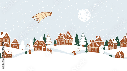 Festive gingerbread village scene features cozy cookie houses and little people under a starry winter sky with a passing comet.