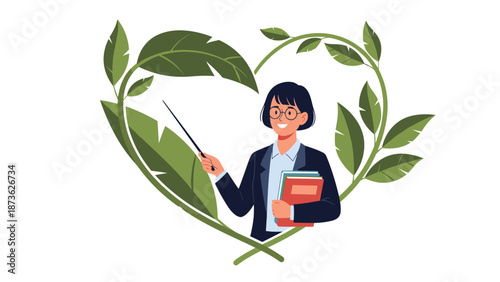 Smiling female teacher holding books stands within a heart-shaped frame of green leaves, representing a love for education.