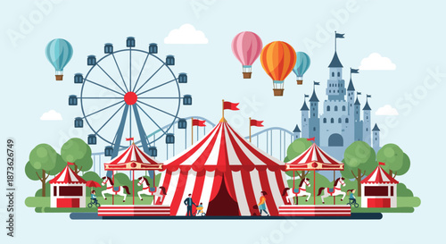 Vibrant amusement park scene showcases a red circus tent, tall ferris wheel, and a blue fairytale castle on a clear day.