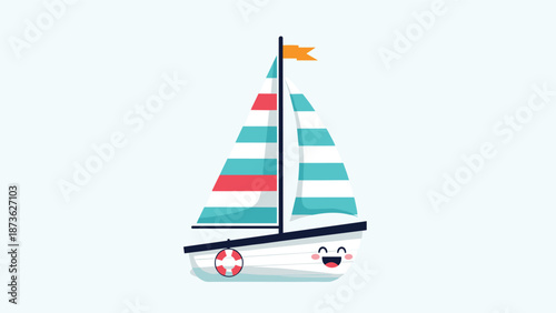 Cute cartoon sailboat with striped sails and a cheerful smiley face floats on a calm blue background for kids travel themes.