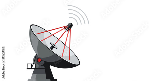 Large satellite dish station communicates by sending and receiving radio signals represented by red lines and gray waves.