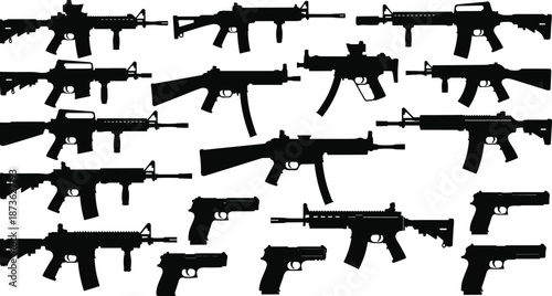 Comprehensive collection of tactical firearm silhouettes featuring assault rifles carbines and handguns for military police defense security and weapon training graphic design projects