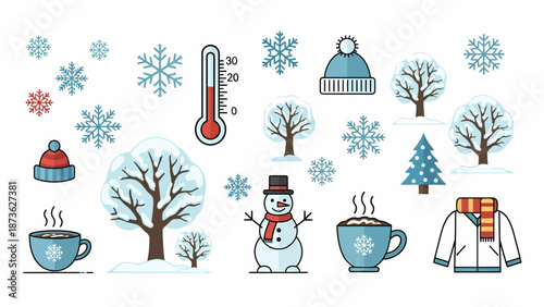 A collection of colorful winter season icons including snowflakes, snowman, trees, hot drinks, and warm clothing.