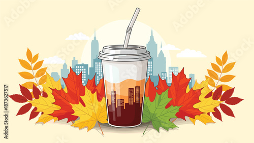 Stylish takeaway coffee cup with a city skyline silhouette is surrounded by vibrant red, orange, and yellow autumn leaves.