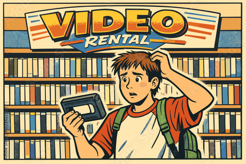 Confused young caucasian male teen in vintage video rental store with vhs tape