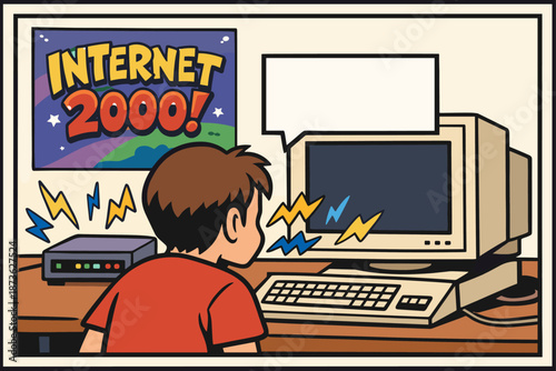 Young caucasian male with vintage computer and internet 2000 poster