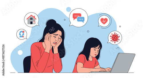 Overwhelmed mother covers her ears while her daughter focuses on schoolwork during a stressful time of remote learning at home.