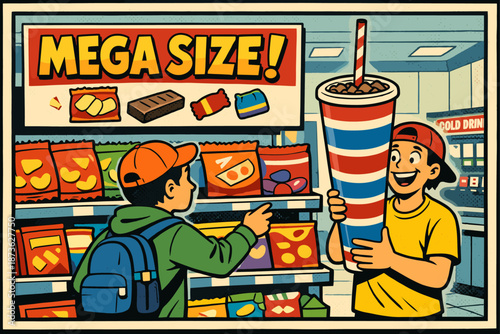 Young males in convenience store with mega-size snacks and drinks display