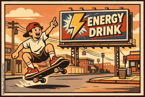 Young caucasian male skateboarder performing trick near energy drink billboard