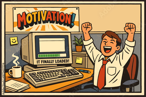 Excited cartoon male celebrating computer success in office cubicle