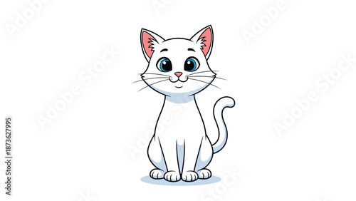 Lovely white kitten with bright blue eyes sits in a neat pose and smiles warmly against a clean white background scene.