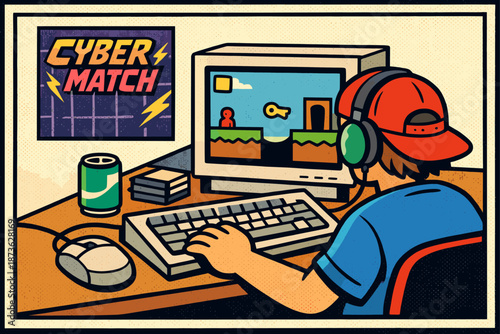 Retro gaming: young caucasian male playing vintage computer game at desk