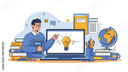 Male student holding a book and pointing at a glowing lightbulb on a laptop screen surrounded by various school and study items.