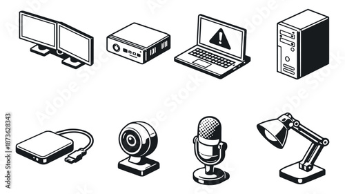 Isometric line art technology devices set featuring computer peripherals and office equipment for digital workspace concepts