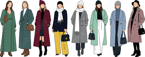 Flat Vector Illustration Set of Women Wearing Stylish Autumn and Winter Outfits Including Long Coats Scarves Beanies and Fashionable Handbags