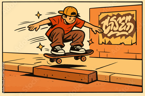 Young caucasian male skateboarding in urban street art environment cartoon