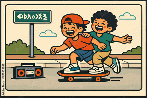 Two young hispanic boys skateboarding together in vintage cartoon style