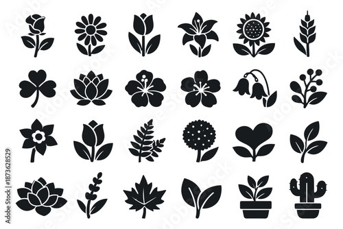 Simple flower and plant icon set featuring roses, tulips, lilies, sunflowers, and various leaves and a cactus for nature and gardening designs