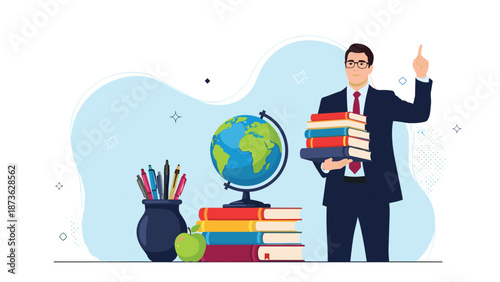 Professional teacher in a suit holding a stack of books and pointing upwards next to educational items like a globe.