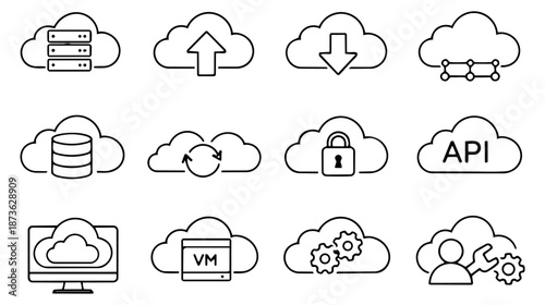 Modern line art cloud computing icon set featuring server, database, security, and API symbols for technology services