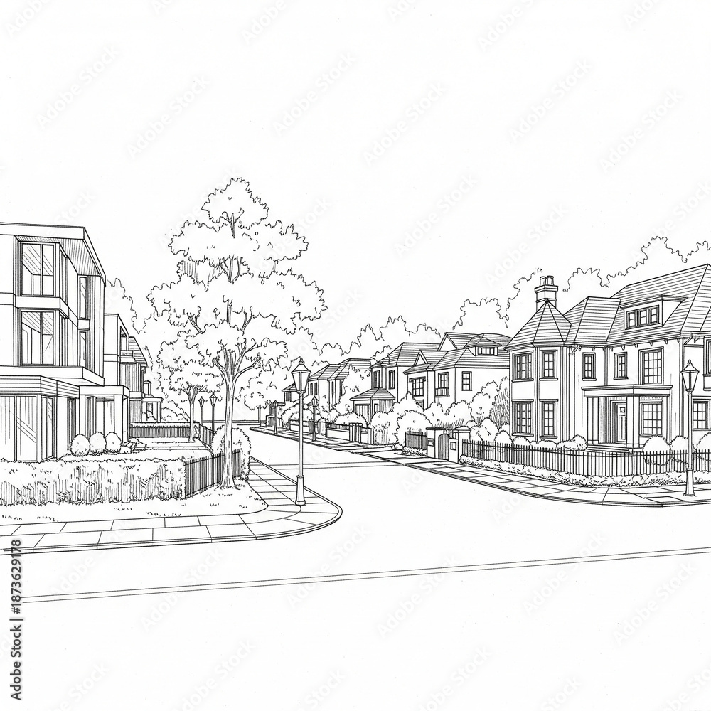 Fototapeta premium Ink line illustration of a quiet suburban street, featuring diverse residential houses, trees, and classic streetlights, depicting a tranquil neighborhood layout