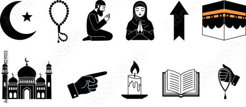 Set of Islamic religious icons featuring the Kaaba mosque prayer beads crescent moon star and silhouettes of people praying for Ramadan and Eid celebrations.