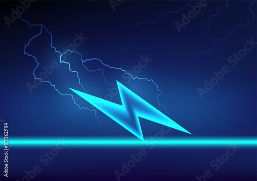 Blue glowing lightning bolt icon with energy discharge lines on dark background, vector illustration