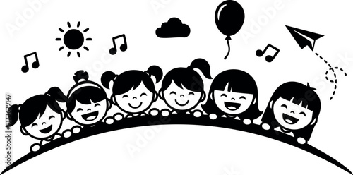 Happy children playing with balloon paper plane and music notes cheerful kids vector design
