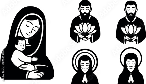 Religious icons vector set featuring Madonna and child with lotus flower and praying figures in black and white style