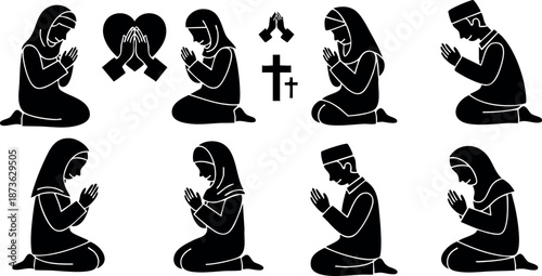 Praying people silhouettes in various poses with Christian cross symbol black vector illustration