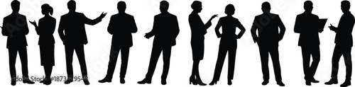 Silhouette of professional business people in various meeting poses, set of corporate men and women in suits talking together.