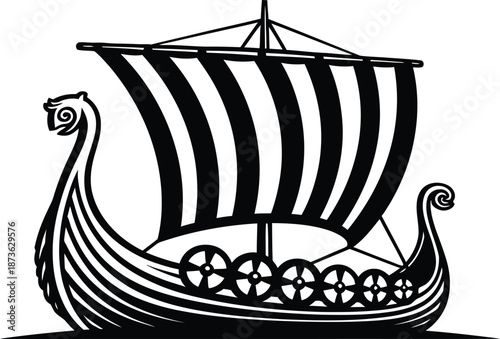 Viking longboat with striped sail and dragon head