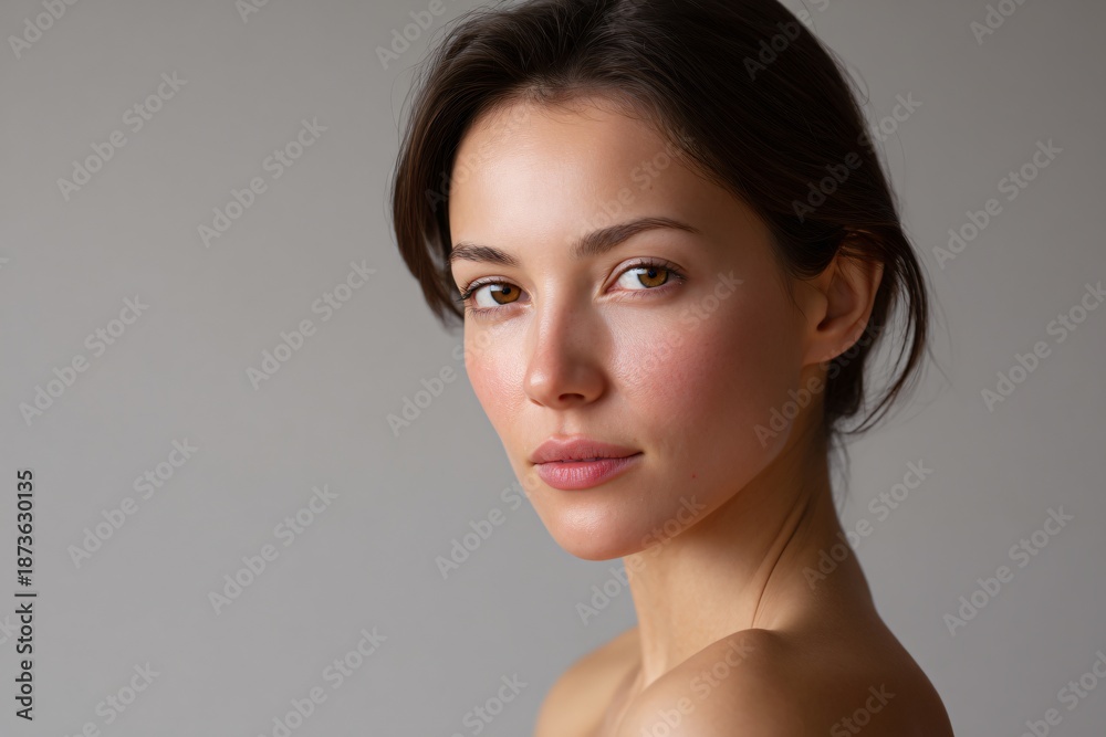 Fototapeta premium Natural skin care solutions for sensitive skin beauty studio portrait photography neutral background close-up skin health
