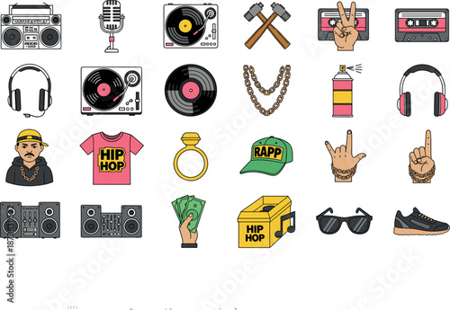 Collection of hip hop culture icons including boombox microphone turntable vinyl record headphones graffiti spray can sneakers and rap music lifestyle fashion elements.