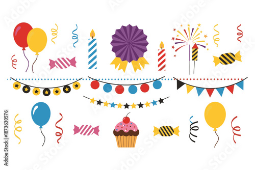 Colorful birthday party decorations and symbols including balloons streamers candies and banners for celebrations