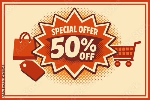 Special offer: 50% off sale with shopping cart and bag graphics