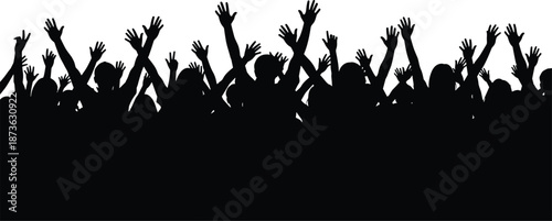 Collection of crowd silhouettes with raised hands and flags, football fans cheering with banners, people at music concert, public protest vector illustration set