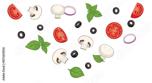 Scattered Collection of Fresh Pizza Toppings Including Sliced Mushrooms, Red Tomatoes, 