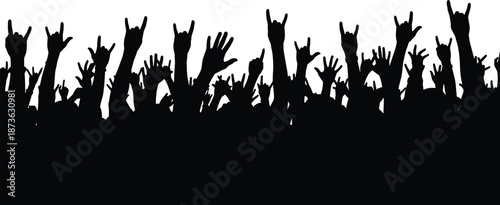 Silhouette cheering crowd raising hands at concert or festival, excited fans celebrating music, freedom, youth, energy, party atmosphere, unity, entertainment, and live event concept