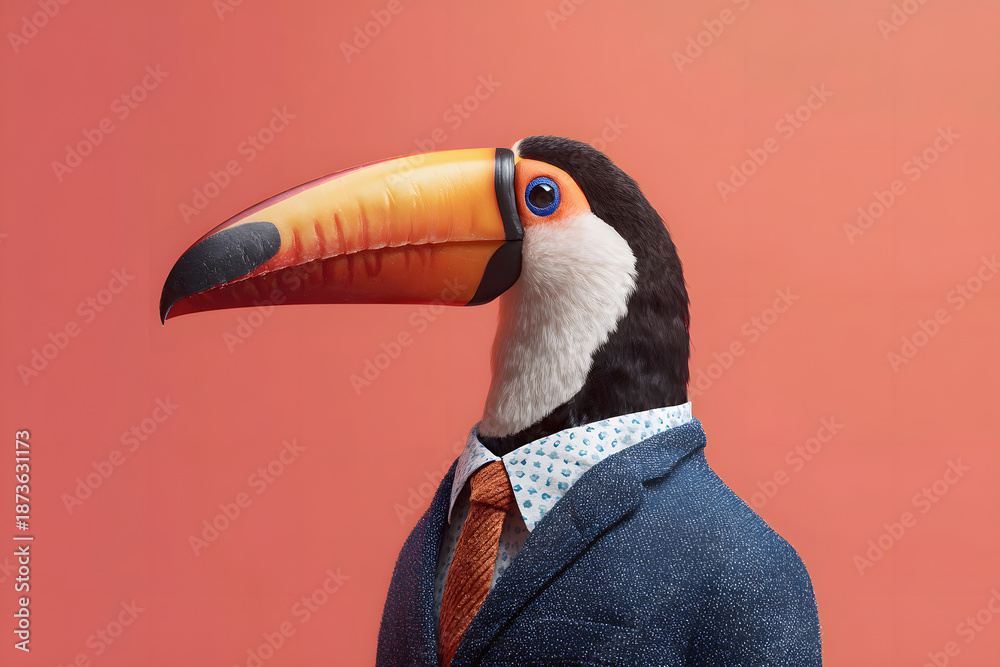 Obraz premium Toucan dressed in a suit stands against a solid color background in a playful and creative setting